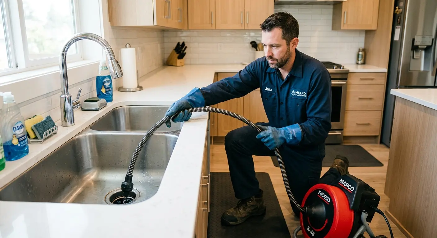 Drain cleaning technician using a motorized snake on a kitchen sink in Fallbrook