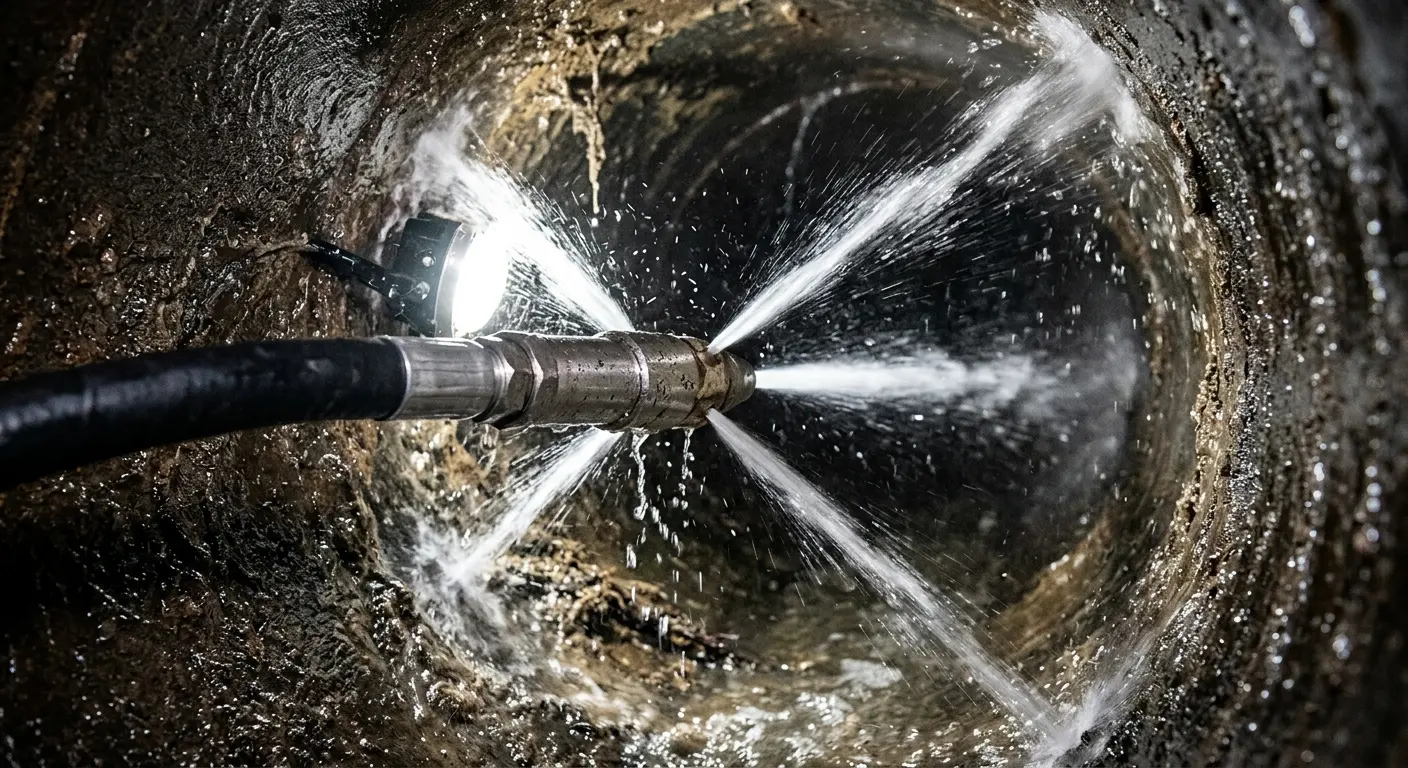 High-pressure hydro jetting nozzle cleaning sewer pipe for Storm Drain Cleaning in Fallbrook