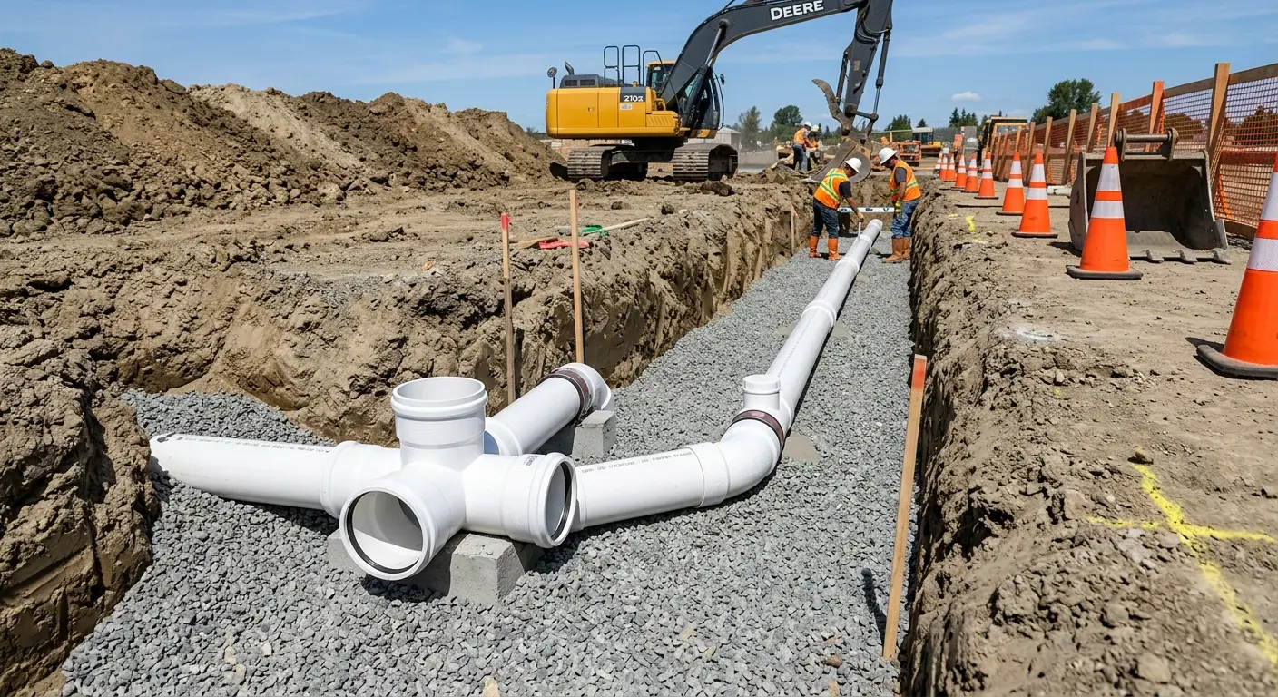 New PVC sewer pipe installation in open trench for Sewer Backup in Fallbrook