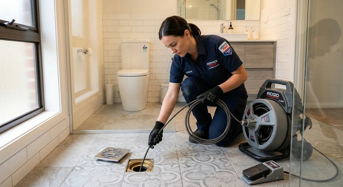 Technician clearing a bathroom floor drain for Drain Cleaning in Fallbrook
